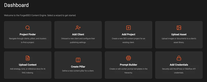 ForgedSEO Command Center dashboard with Project Finder, Add Client, Upload Context, Create Pillar and Prompt Builder wizards